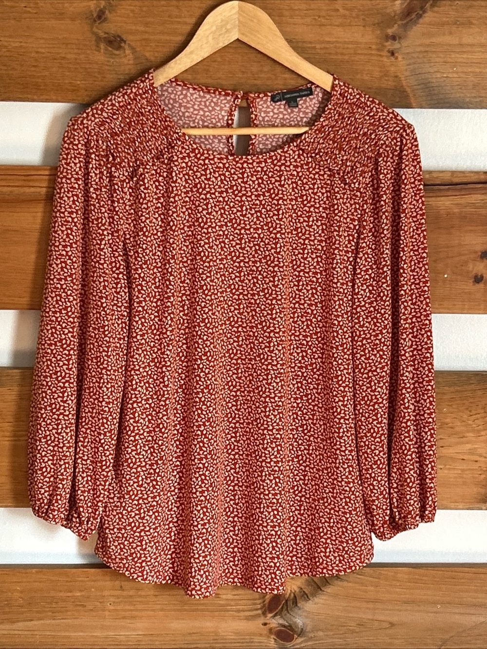 Adrianna Papell Terracotta Eyelet Floral Accent Elastic Sleeve Chic Top Size L
